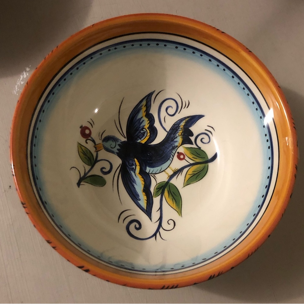 2 Dario Farrucci Designs Villa Paradiso  Hand Painted Floral Bird Ceramic Bowls